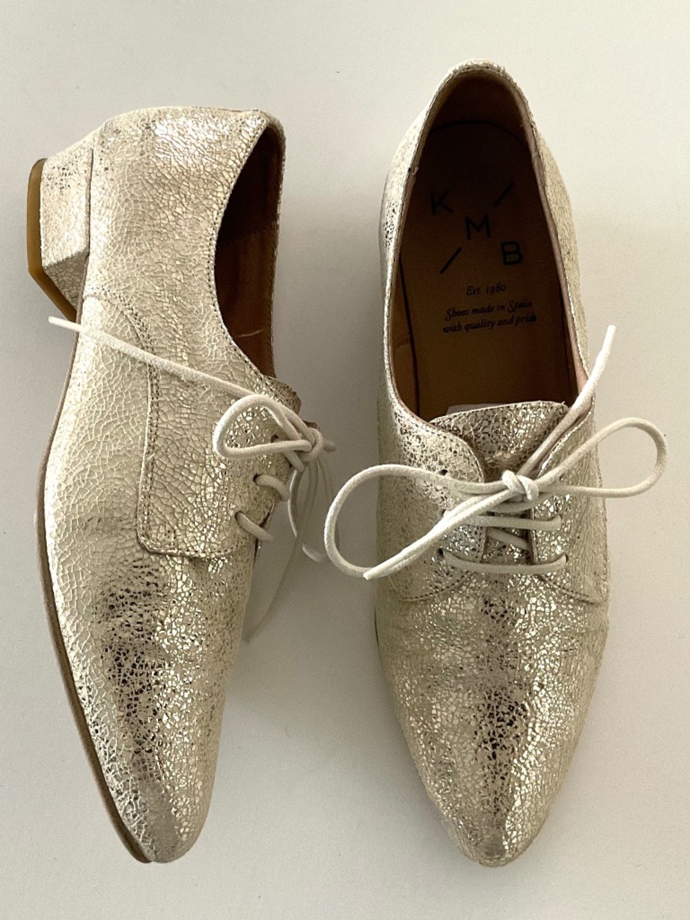KMB Lucy Metallic Leather Oxfords Lace Up Shoes Made In Spain Size EU 37